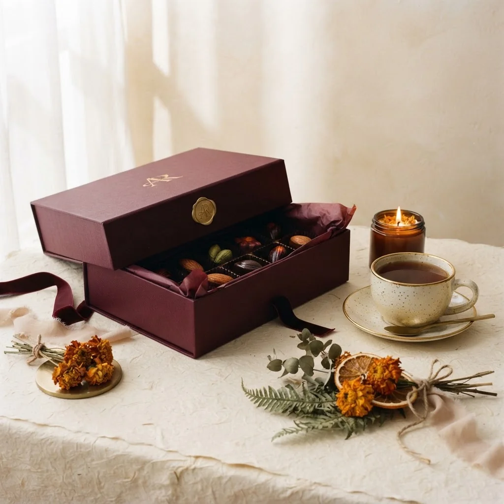 A burgundy House of Barqat gift box filled with considered objects